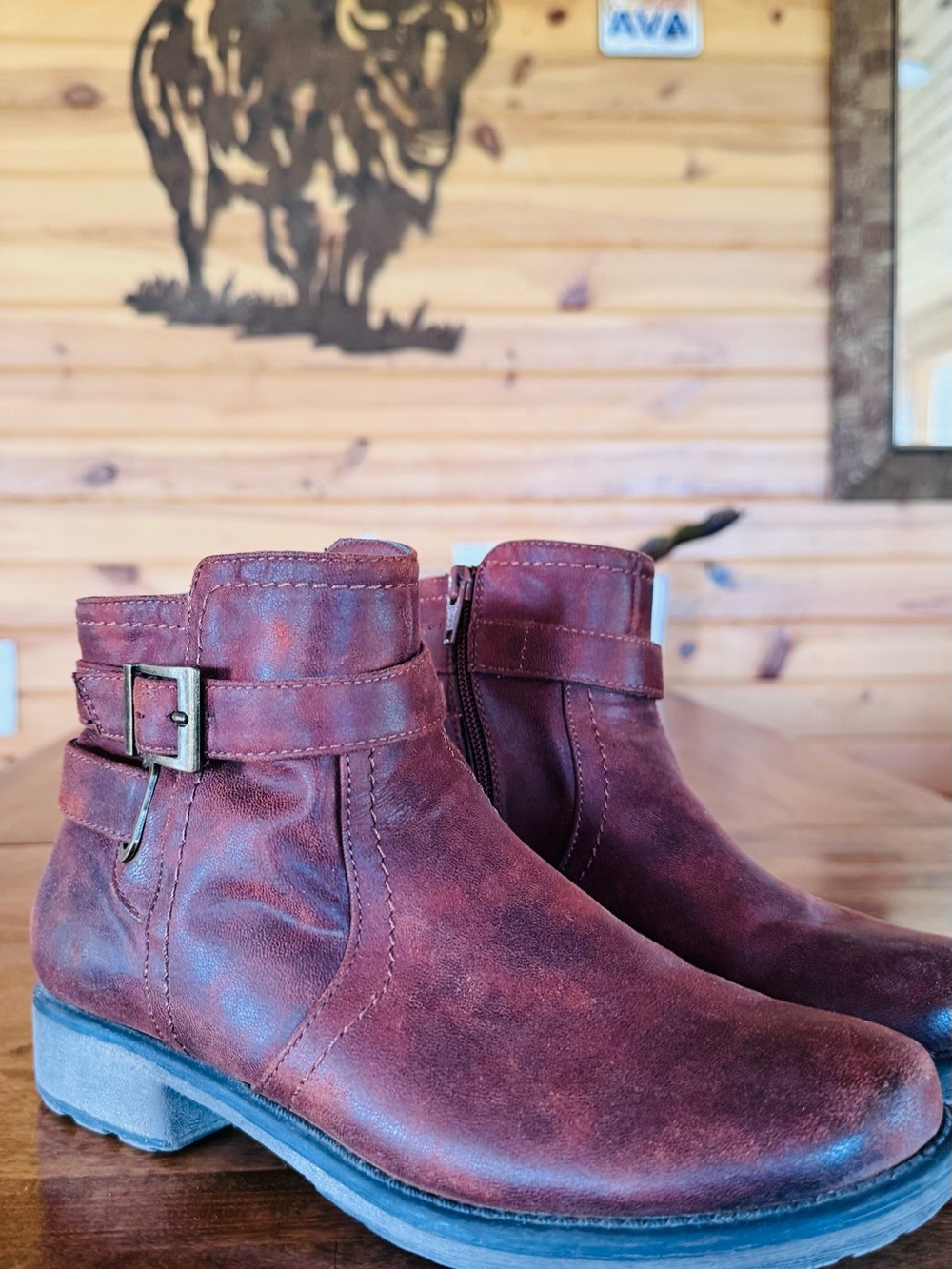 Women's Distressed Brown Ankle Booties with Buckle Strap